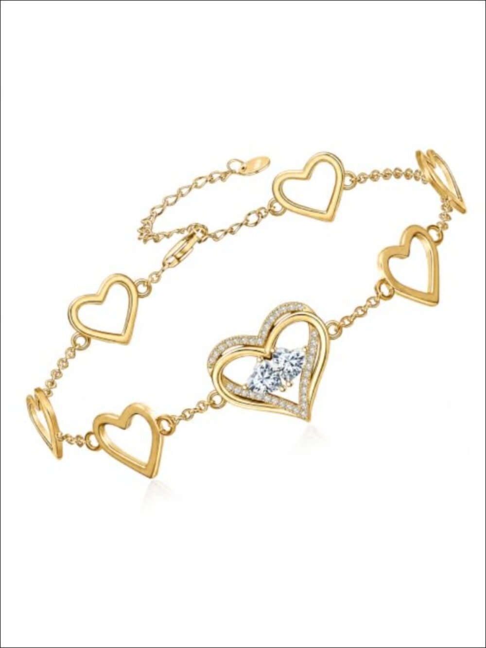 7-inch Link Bracelet with Birthstone Heart Charms, 14K Gold Plated
